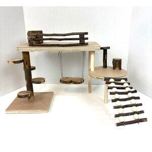 Hamster Playground Platform, Climbing, Swinging, Ladder Toy, Natural Pet-Safe